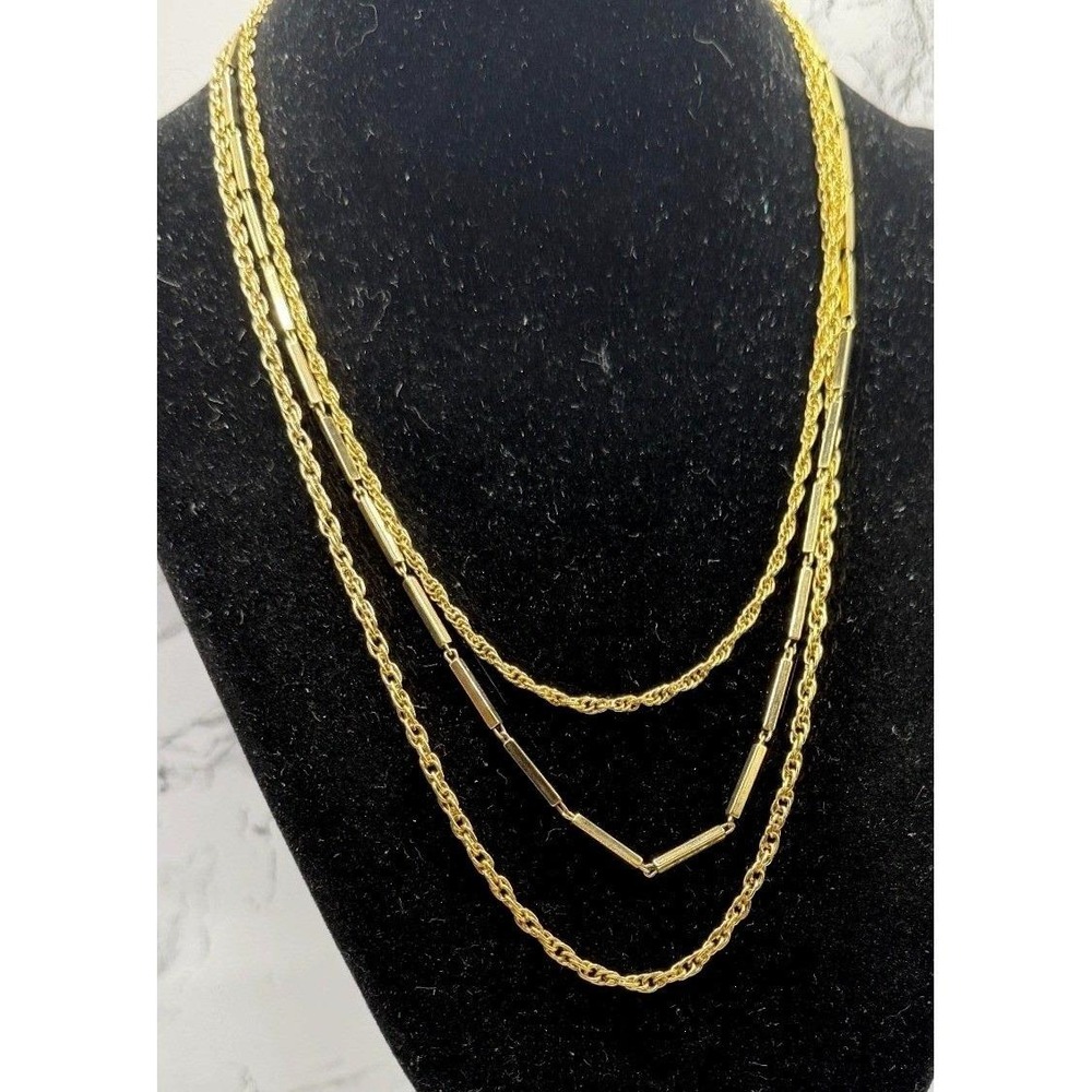 3 Strand Gold Necklace Layered Chain Bow Clasp 16-20"‎